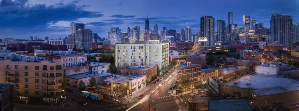 An aerial rendering of River West, showcasing the final design for Seven 10 West apartments. 